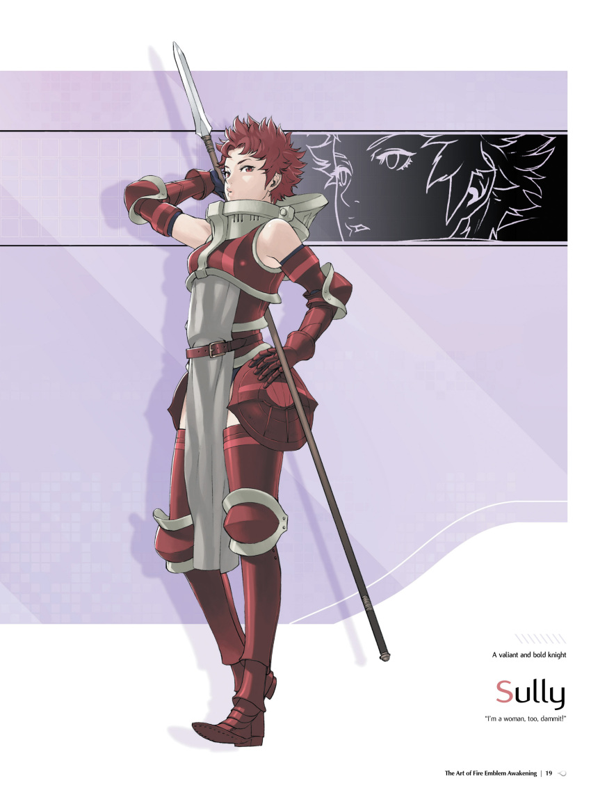 1girl absurdres arm_up armor armored_boots bare_shoulders boots character_name fire_emblem fire_emblem:_kakusei full_body gauntlets greaves hand_on_hip highres holding kozaki_yuusuke lips lly looking_at_viewer official_art page_number parted_lips pelvic_curtain polearm red_eyes redhead short_hair simple_background sleeveless soiree solo spear standing thigh-highs weapon