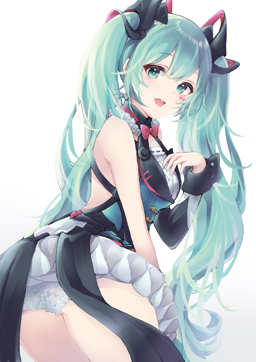 1girl absurdres aqua_eyes aqua_hair ass blue_eyes blush bow bowtie commentary detached_sleeves dress eyebrows_visible_through_hair facial_mark from_side hair_between_eyes hand_on_own_chest hatsune_miku highres long_hair looking_at_viewer necktie open_mouth panties ramunezake simple_background sleeveless smile solo teeth tutu twintails underwear upper_body very_long_hair vocaloid white_background