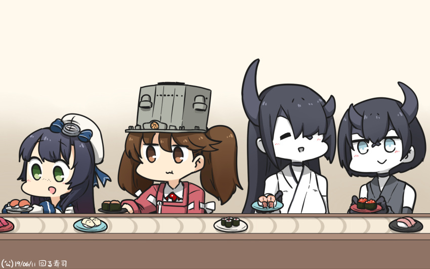 4girls black_hair blue_eyes brown_eyes brown_hair commentary conveyor_belt conveyor_belt_sushi dated food gradient_hair green_eyes hamu_koutarou hat highres horns japanese_clothes kantai_collection kariginu long_hair magatama matsuwa_(kantai_collection) multicolored_hair multiple_girls night_strait_hime_(black) night_strait_hime_(white) purple_hair red_shirt ryuujou_(kantai_collection) sailor_hat shinkaisei-kan shirt short_hair sushi twintails upper_body visor_cap white_headwear