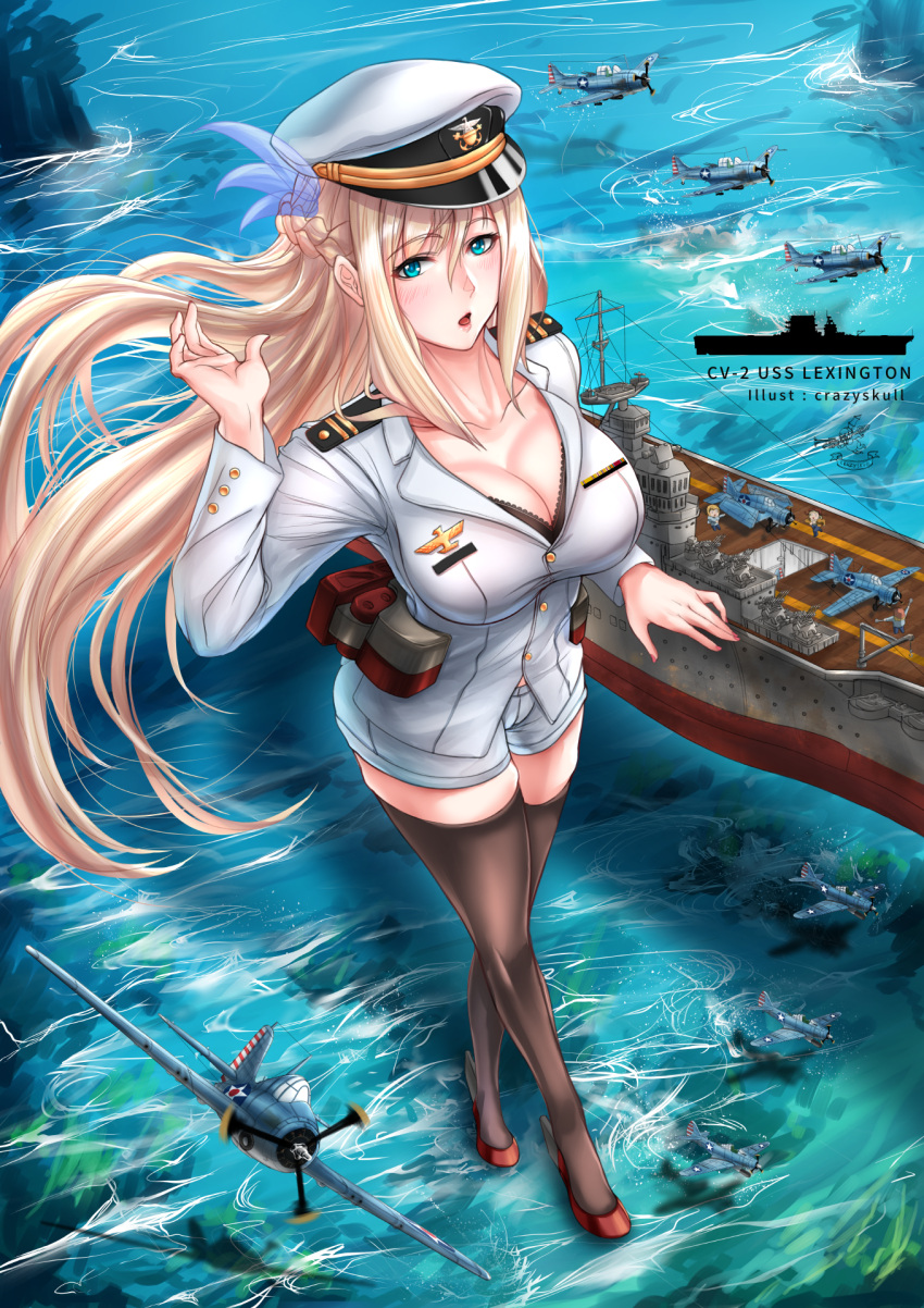 1girl aircraft airplane black_legwear blonde_hair blue_eyes breasts crazyskull flight_deck from_above graphite_(medium) hair_ornament highres jacket large_breasts lexington_(warship_girls_r) long_hair long_sleeves machinery open_mouth short_shorts shorts solo standing standing_on_liquid thigh-highs traditional_media very_long_hair warship_girls_r white_jacket white_shorts