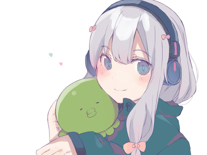 1girl bangs blue_eyes blush bow closed_mouth eromanga_sensei eyebrows_visible_through_hair green_jacket grey_hair hair_between_eyes hair_bow headphones heart heremia highres hood hood_down hooded_jacket izumi_sagiri jacket long_hair long_sleeves looking_at_viewer red_bow sidelocks simple_background sleeves_past_wrists smile solo stuffed_animal stuffed_octopus stuffed_toy upper_body white_background