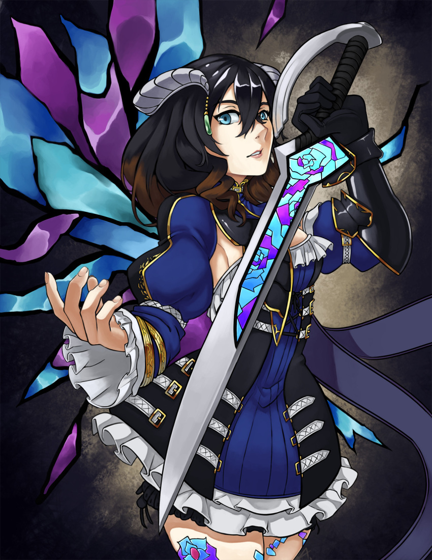 1girl artist_request black_hair bloodstained:_ritual_of_the_night blue_eyes breasts brown_hair detached_sleeves gauntlets gradient_hair hair_between_eyes hair_ornament highres horns looking_at_viewer miriam_(bloodstained) multicolored_hair pale_skin short_hair solo stained_glass sword tattoo weapon