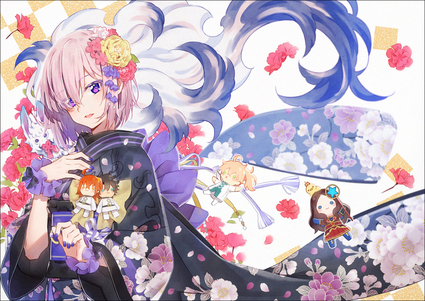 1girl bangs black_kimono blush character_doll commentary creature creature_on_shoulder eyebrows_visible_through_hair eyes_visible_through_hair fate/grand_order fate_(series) fingernails floral_print flower fou_(fate/grand_order) fujimaru_ritsuka_(female) fujimaru_ritsuka_(male) hair_flower hair_ornament hair_over_one_eye hakusai_(tiahszld) japanese_clothes kimono leonardo_da_vinci_(fate/grand_order) long_sleeves mash_kyrielight obi parted_lips pink_flower pink_hair print_kimono purple_flower purple_nails red_flower red_rose romani_archaman rose sash smile symbol_commentary violet_eyes wide_sleeves yellow_flower yellow_rose