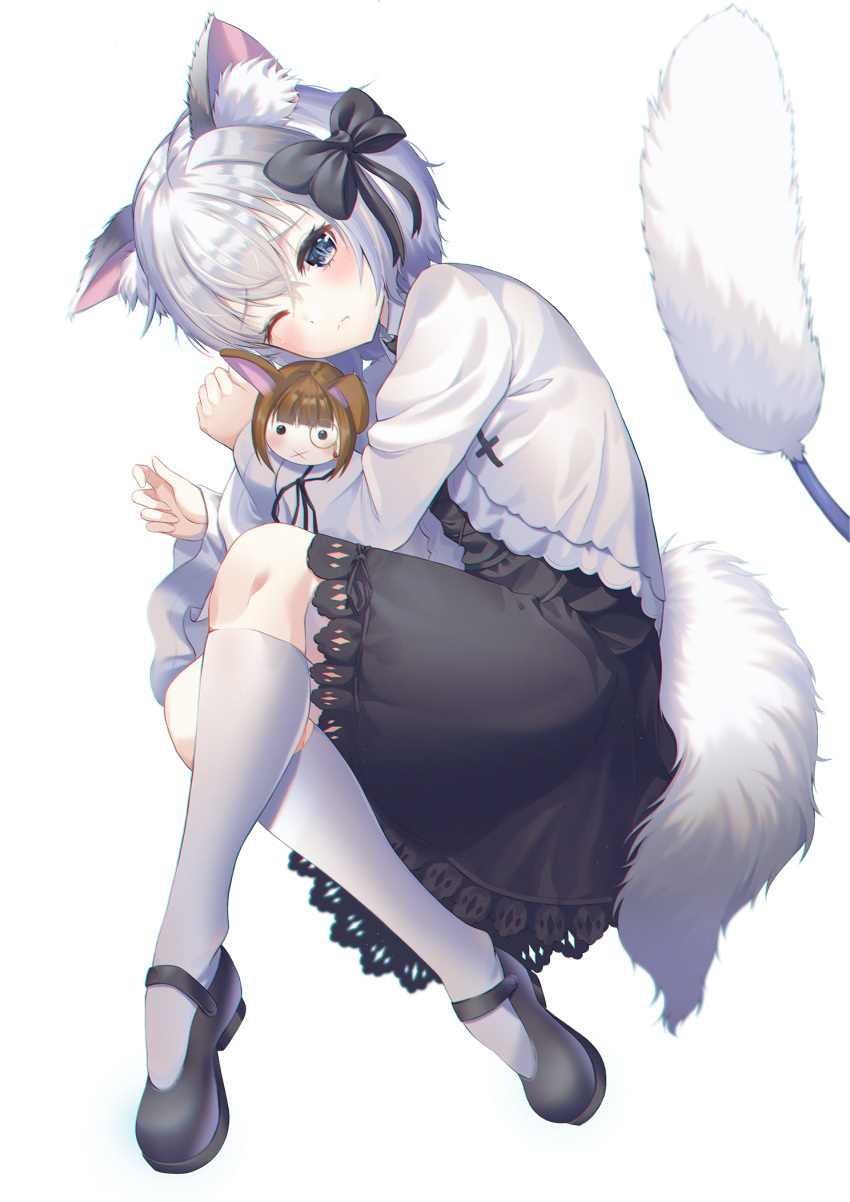 1girl animal_ear_fluff animal_ears bangs black_bow black_dress black_footwear blue_eyes blush bow cat_ears cat_teaser closed_mouth collared_dress commentary_request dress eyebrows_visible_through_hair fang fang_out full_body hair_between_eyes hair_bow highres hyonee jacket kneehighs long_sleeves mary_janes object_hug one_eye_closed original shoes silver_hair simple_background solo stuffed_animal stuffed_bunny stuffed_toy tail white_background white_jacket white_legwear