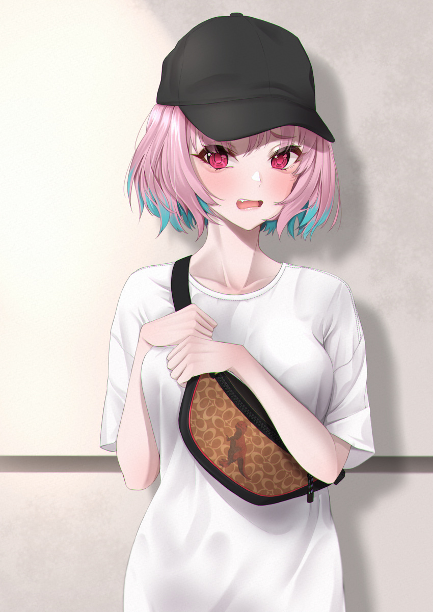 1girl against_wall baseball_cap black_headwear blue_hair blush breasts collarbone day dinosaur eyebrows_visible_through_hair eyelashes eyes_visible_through_hair fang fanny_pack hair_intakes hands_up hat highres idolmaster idolmaster_cinderella_girls lips looking_at_viewer medium_breasts open_mouth pink_eyes pink_hair raised_eyebrow shadow shirt short_hair short_sleeves solo sunlight t-shirt tongue tyrannosaurus_rex upper_body wasabi_(mecha_karai) white_shirt yumemi_riamu zipper zipper_pull_tab