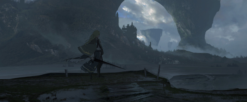 1girl absurdres asuteroid blonde_hair building cape clouds cloudy_sky cornea_(asuteroid) day from_side grass hair_over_eyes highres holding holding_sword holding_weapon horizon long_hair neon_trim original outdoors scenery sky solo standing sword tree water weapon