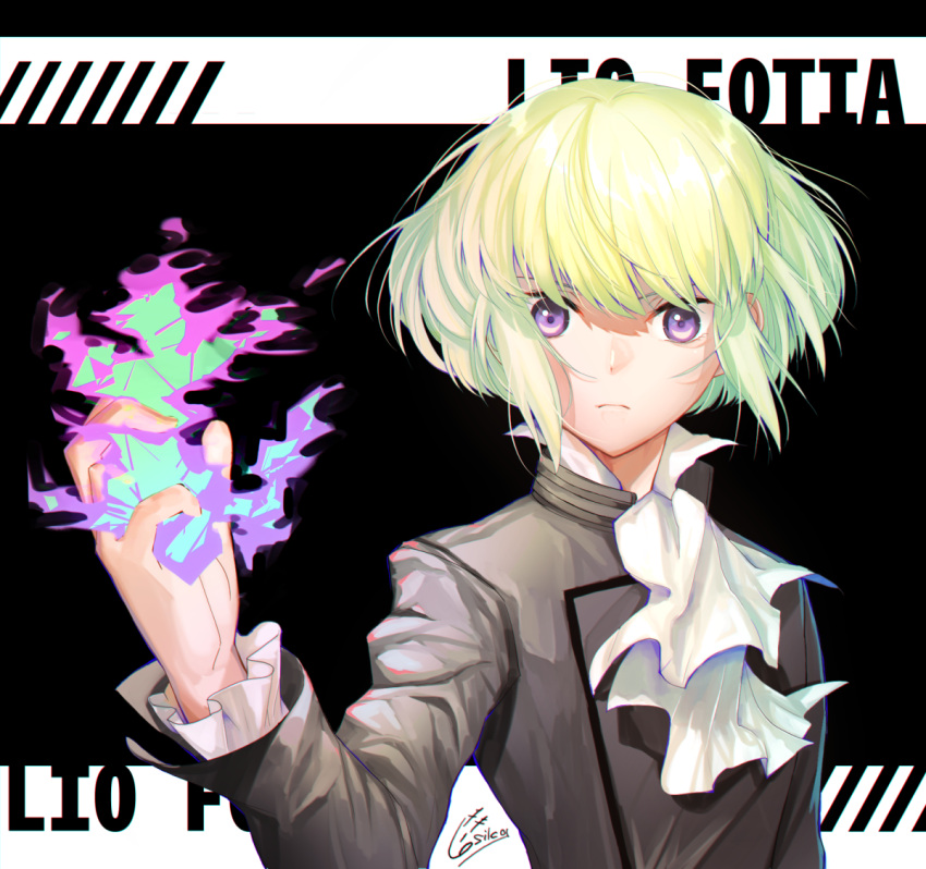 1boy androgynous artist_request black_gloves black_jacket blonde_hair cravat earrings fire gloves green_hair half_gloves jacket jewelry lio_fotia looking_at_viewer male_focus promare solo