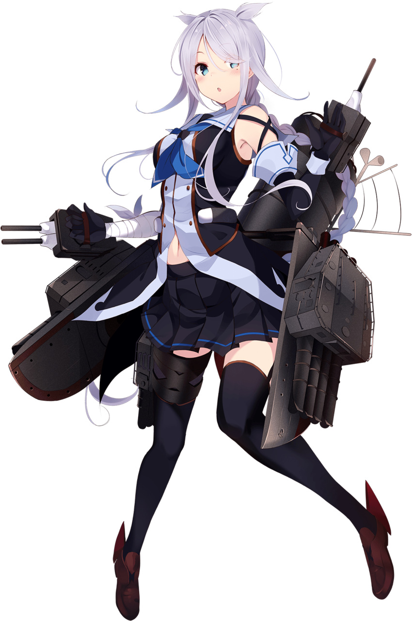 1girl black_gloves black_legwear black_serafuku black_skirt blue_eyes blue_neckwear blush braid full_body gloves hair_over_one_eye highres kantai_collection kujou_ichiso long_hair machinery neckerchief official_art parted_lips pleated_skirt remodel_(kantai_collection) sailor_collar school_uniform serafuku silver_hair single_braid skirt solo thigh-highs transparent_background turret umikaze_(kantai_collection)