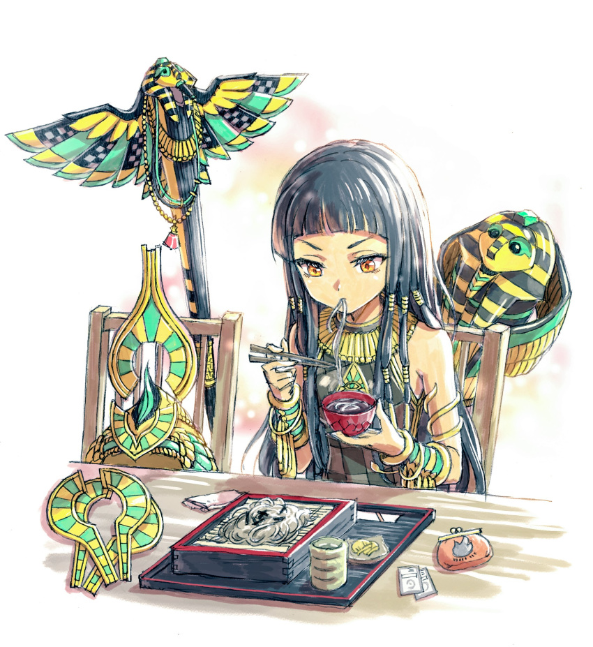 1girl absurdres ankh armband bangs black_dress black_hair blunt_bangs chair chopsticks cleopatra_(destiny_child) coin_purse dark_skin destiny_child dress drink eating egyptian egyptian_clothes eyelashes food food_in_mouth highres holding holding_chopsticks jewelry long_hair mamoru_mikokoro noodles orange_eyes sitting soba solo table tea white_background wristband