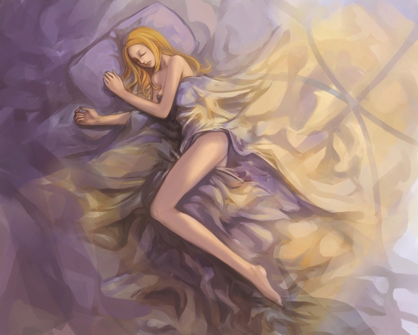 1girl blonde_hair claymore legs long_hair lying naked_sheet nephy on_side pillow sleeping solo teresa_(claymore) thighs