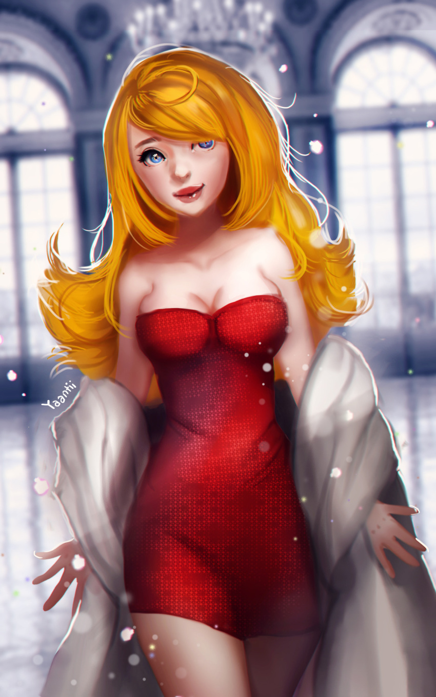 1girl bare_shoulders blue_eyes chandelier dress fur_coat ginger hair_down highres lipstick makeup mona_(warioware) one_eye_covered petals red_dress red_lips red_lipstick redhead sequins spread_fingers walking warioware white_coat yanting_sun