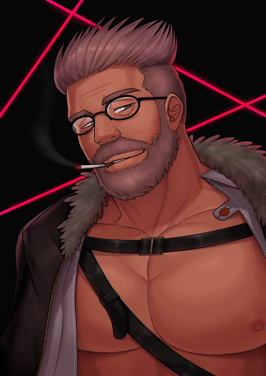 1boy absurdres beard belt black-framed_eyewear black_background brown_coat brown_hair cigarette coat facial_hair fate/grand_order fate_(series) fur_trim glasses grey_eyes highres looking_at_viewer male_focus miqi_(nnaf3344) mouth_hold muscle nipples smoking solo standing upper_body william_tell_(fate/grand_order)