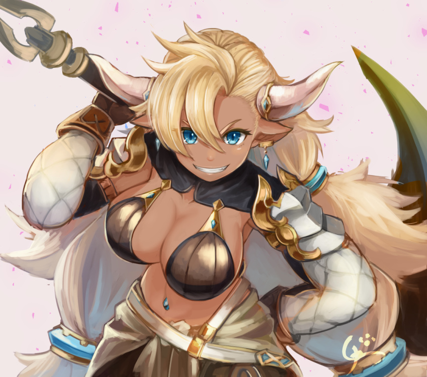 1girl almeida_(granblue_fantasy) bikini_top blonde_hair blue_eyes breasts colored_eyebrows dark_skin detached_sleeves draph earrings gloves granblue_fantasy grin hand_on_hip horns jewelry large_breasts long_hair navel_piercing over_shoulder pauldrons pickaxe piercing pointy_ears simple_background smile solo tetuhebi upper_body v-shaped_eyebrows very_long_hair weapon weapon_over_shoulder