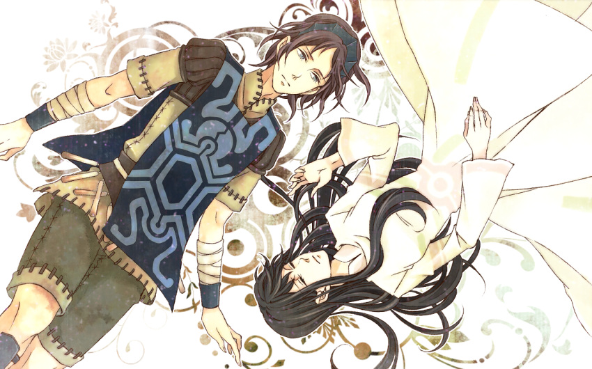 1boy 1girl bandages black_hair blue_eyes breasts closed_eyes closed_mouth commentary_request couple dress headband hetero inahachi long_hair long_sleeves lying mono poncho redhead shadow_of_the_colossus short_hair shorts surcoat wander white_dress