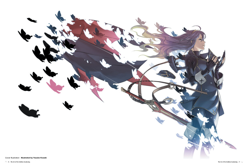 1girl absurdres artist_name baldric boots bug butterfly falchion_(fire_emblem) fingerless_gloves fire_emblem fire_emblem:_kakusei gloves grey_eyes grey_hair highres insect kozaki_yuusuke lucina mask official_art page_number spoilers sword thigh-highs thigh_boots tiara weapon