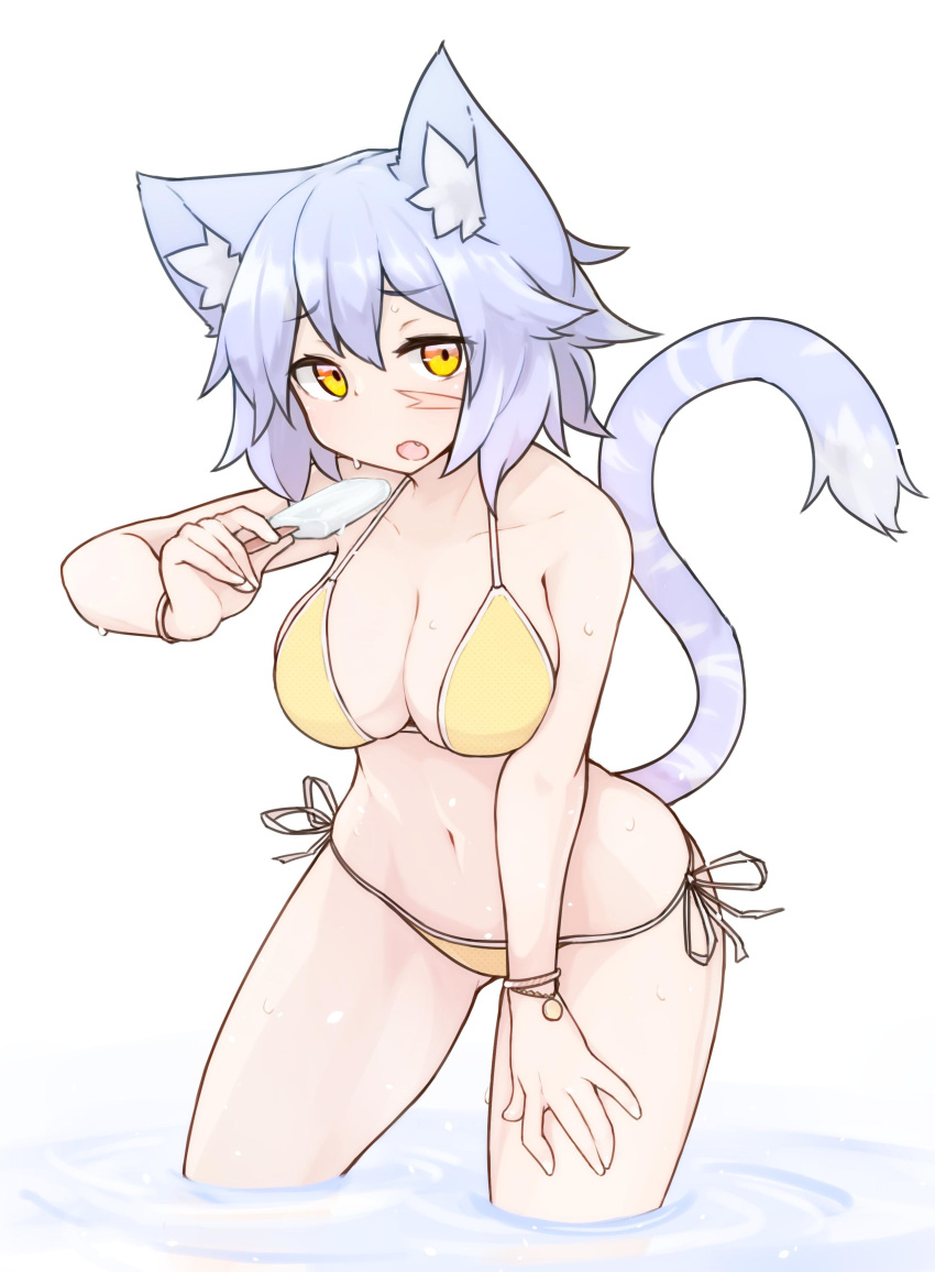 1girl absurdres animal_ear_fluff animal_ears bikini blue_hair blush breasts cat_ears cat_girl cat_tail collarbone eyebrows_visible_through_hair fang food highres ice large_breasts looking_at_viewer looking_up navel open_mouth orange_eyes original partially_submerged ryota_tentei scar short_hair side-tie_bikini solo sweat swimsuit tail tora_tentei yellow_bikini