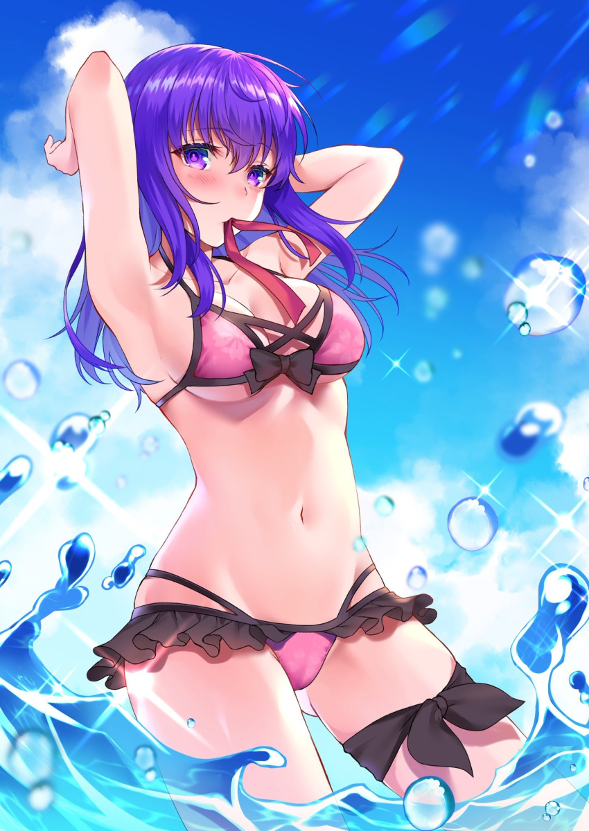 1girl armpits arms_behind_head arms_up ass_visible_through_thighs bangs bikini black_ribbon blue_sky blush breasts collarbone day eyebrows_visible_through_hair fate/stay_night fate_(series) frilled_bikini frills highres hizuki_higure long_hair matou_sakura medium_breasts mouth_hold navel outdoors pink_bikini purple_hair ribbon shiny shiny_hair sky solo standing straight_hair swimsuit violet_eyes wading water water_drop