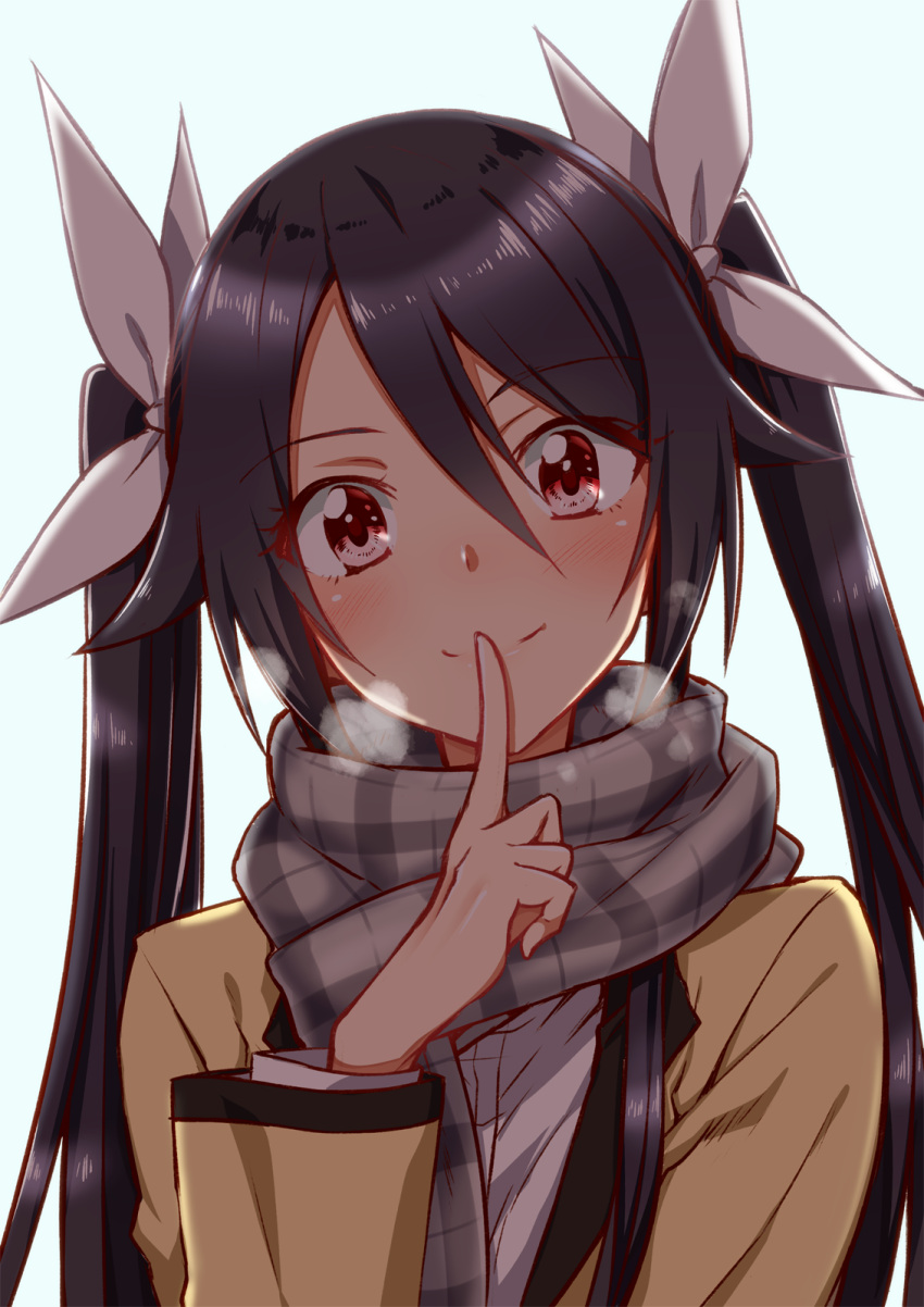 1girl bangs black_hair blazer blush breath closed_mouth eyebrows_visible_through_hair finger_to_mouth hair_between_eyes hair_ribbon head_tilt highres index_finger_raised jacket long_hair long_sleeves looking_at_viewer ore_twintail_ni_narimasu plaid plaid_scarf red_eyes ribbon scarf school_uniform shirt simple_background smile solo standing tsube_aika twintails white_shirt yuto_(dialique)
