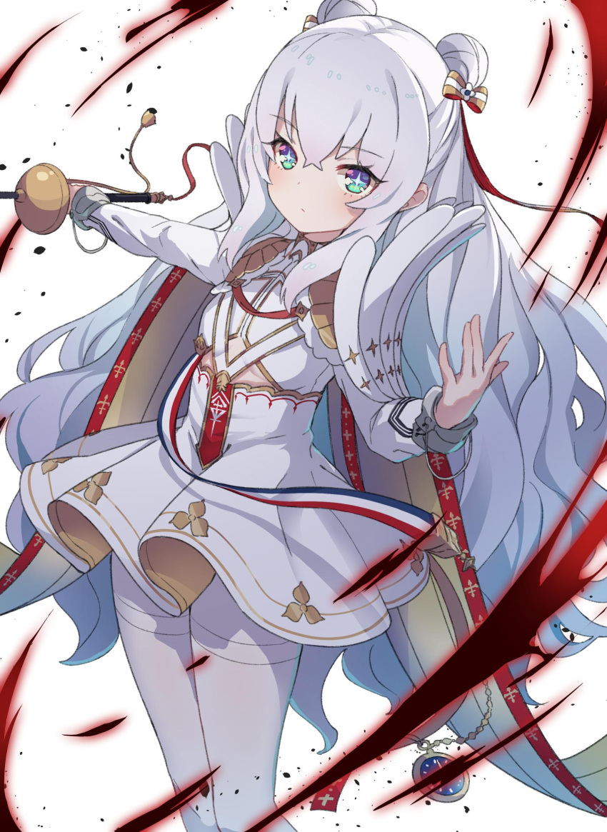 +_+ 1girl azur_lane bangs blue_eyes blush bow brown_bow closed_mouth commentary_request double_bun dress eyebrows_visible_through_hair hair_between_eyes hair_bow highres holding holding_sword holding_weapon le_malin_(azur_lane) long_hair long_sleeves looking_at_viewer nemeneko_6 pantyhose pleated_dress pocket_watch rapier short_dress sidelocks silver_hair simple_background solo striped striped_bow sword symbol-shaped_pupils very_long_hair watch weapon white_background white_dress white_legwear