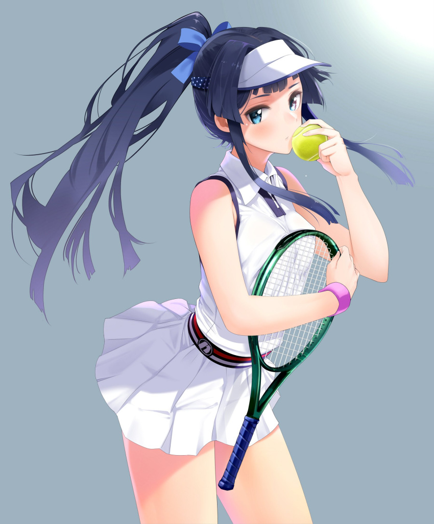 1girl ball bangs black_hair blue_eyes blunt_bangs commentary_request giba_(out-low) grey_background hair_ribbon high_ponytail highres idolmaster idolmaster_million_live! long_hair miniskirt mogami_shizuka pleated_skirt racket ribbon shirt skirt sleeveless sleeveless_shirt solo sportswear tennis_ball tennis_racket tennis_uniform visor_cap white_skirt wristband