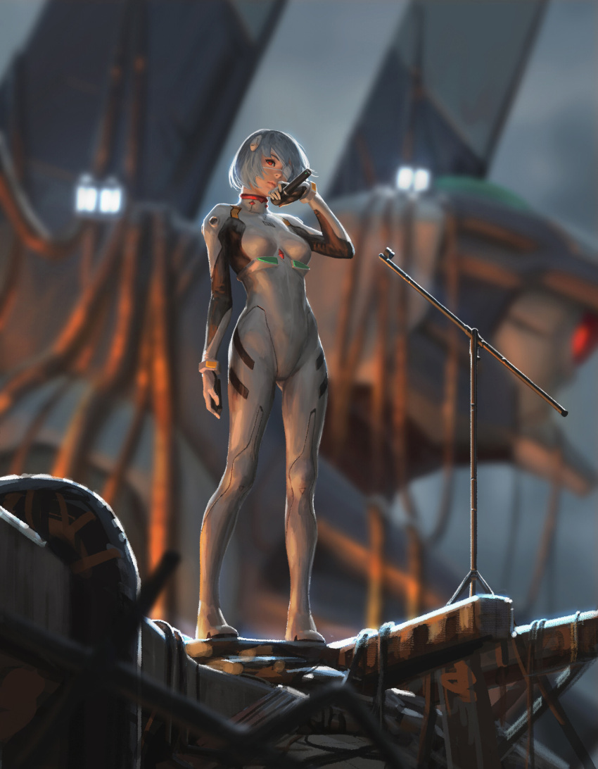 1girl absurdres ayanami_rei bandage_over_one_eye blue_hair blurry blurry_background bodysuit bracer breasts cable closed_mouth depth_of_field eva_00 eyepatch from_below guweiz hair_ornament highres holding holding_microphone looking_at_viewer mecha medium_breasts microphone microphone_stand neon_genesis_evangelion pale_skin pilot_suit plugsuit realistic red_eyes science_fiction short_hair skin_tight solo standing turtleneck white_bodysuit