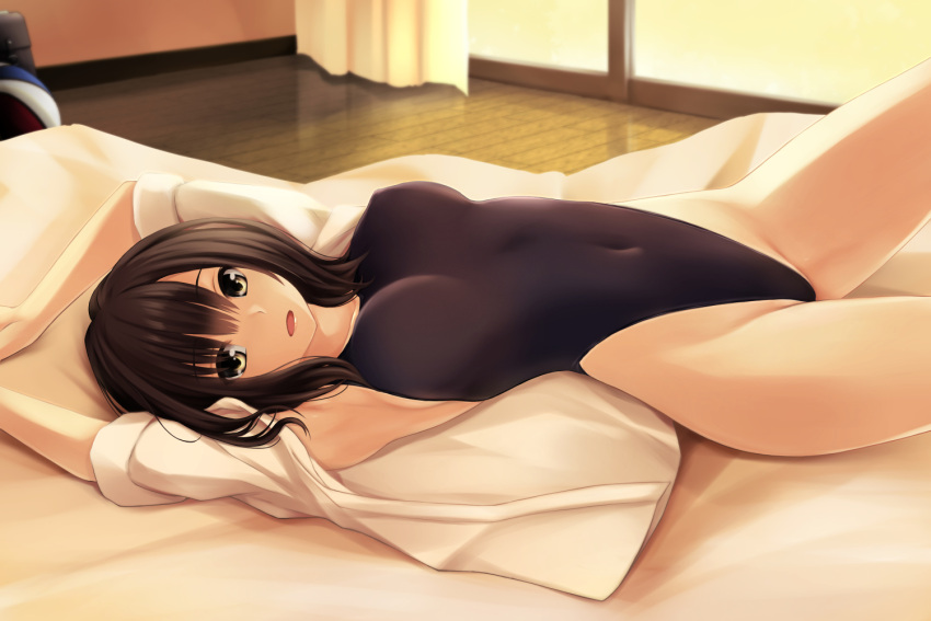 1girl armpits arms_up bangs bed_sheet black_swimsuit blurry blurry_background breasts brown_eyes brown_hair commentary_request covered_navel cowboy_shot curtains depth_of_field eyebrows_visible_through_hair groin hair_between_eyes highleg highleg_swimsuit indoors jacket looking_at_viewer lying medium_breasts nonaka_ritsu on_back open_clothes open_jacket original parted_lips short_sleeves solo swimsuit white_jacket window wooden_floor