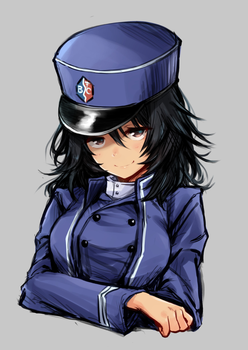 1girl absurdres andou_(girls_und_panzer) bangs bc_freedom_(emblem) bc_freedom_military_uniform black_hair blue_headwear blue_jacket blue_vest brown_eyes closed_mouth commentary crossed_arms dark_skin dress_shirt emblem girls_und_panzer grey_background half-closed_eyes harino646 hat high_collar highres jacket long_sleeves looking_at_viewer medium_hair messy_hair military military_hat military_uniform shako_cap shirt simple_background smile solo uniform upper_body vest white_shirt