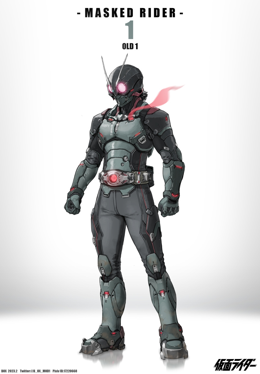 1boy absurdres antennae armor armored_boots black_armor black_mask black_pants boots character_name chinese_commentary clenched_hands commentary_request copyright_name driver_(kamen_rider) full_body glowing glowing_eyes grey_armor grey_footwear highres kamen_rider kamen_rider_1 knee_pads pants pink_eyes rider_belt shoulder_armor simple_background solo standing tokusatsu typhoon_(kamen_rider) v-fin white_background xiangzi_box