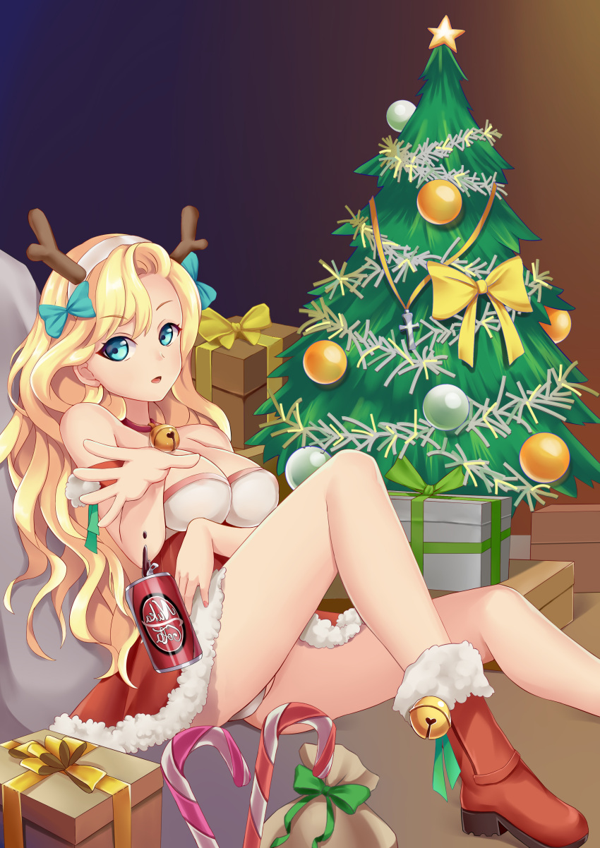 1girl absurdres aqua_bow aqua_eyes arm_under_breasts azur_lane bangs bare_shoulders bell bell_choker blonde_hair boots bow box breasts can candy candy_cane choker christmas_ornaments christmas_tree covered_nipples cross dress dropping emile_bertin_(azur_lane) eyebrows_visible_through_hair fake_antlers food foreshortening fur-trimmed_boots fur_trim gift gift_bag gift_box gradient gradient_background green_ribbon hair_bow high_heel_boots high_heels highres indoors jingle_bell knee_up large_breasts long_hair looking_at_viewer no_bra open_mouth panties pantyshot pantyshot_(sitting) parted_bangs pink_nails reclining red_armband red_dress red_footwear ribbon sitting sitting_on_floor soda soda_can solo strapless strapless_dress tareme the_hermit thighs tongue two-tone_dress underwear wavy_hair white_dress white_panties yellow_ribbon