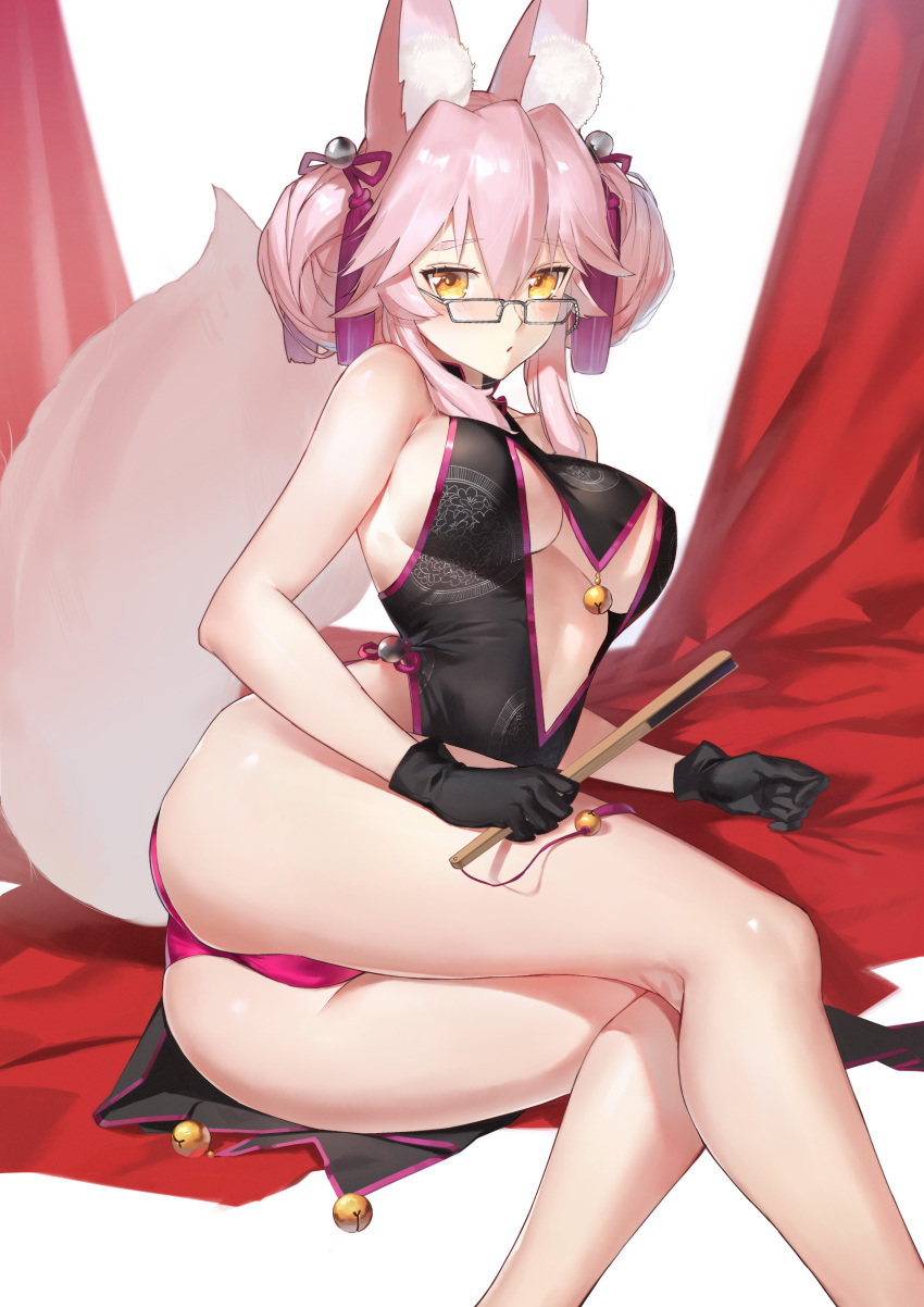 1girl :o absurdres animal_ear_fluff animal_ears ass bangs bare_arms bare_shoulders bell black_dress black_gloves blush breasts china_dress chinese_clothes cleavage_cutout collarbone double_bun dress duan_henglong eyebrows_visible_through_hair fang fate/grand_order fate_(series) fox_ears fox_tail glasses gloves hair_bell hair_between_eyes hair_ornament high_collar highres koyanskaya large_breasts long_hair looking_at_viewer lying on_side open_mouth panties pantyshot pantyshot_(lying) pelvic_curtain pink_hair purple_panties sidelocks solo tail tassel thighs tied_hair under_boob underboob_cutout underwear upskirt yellow_eyes