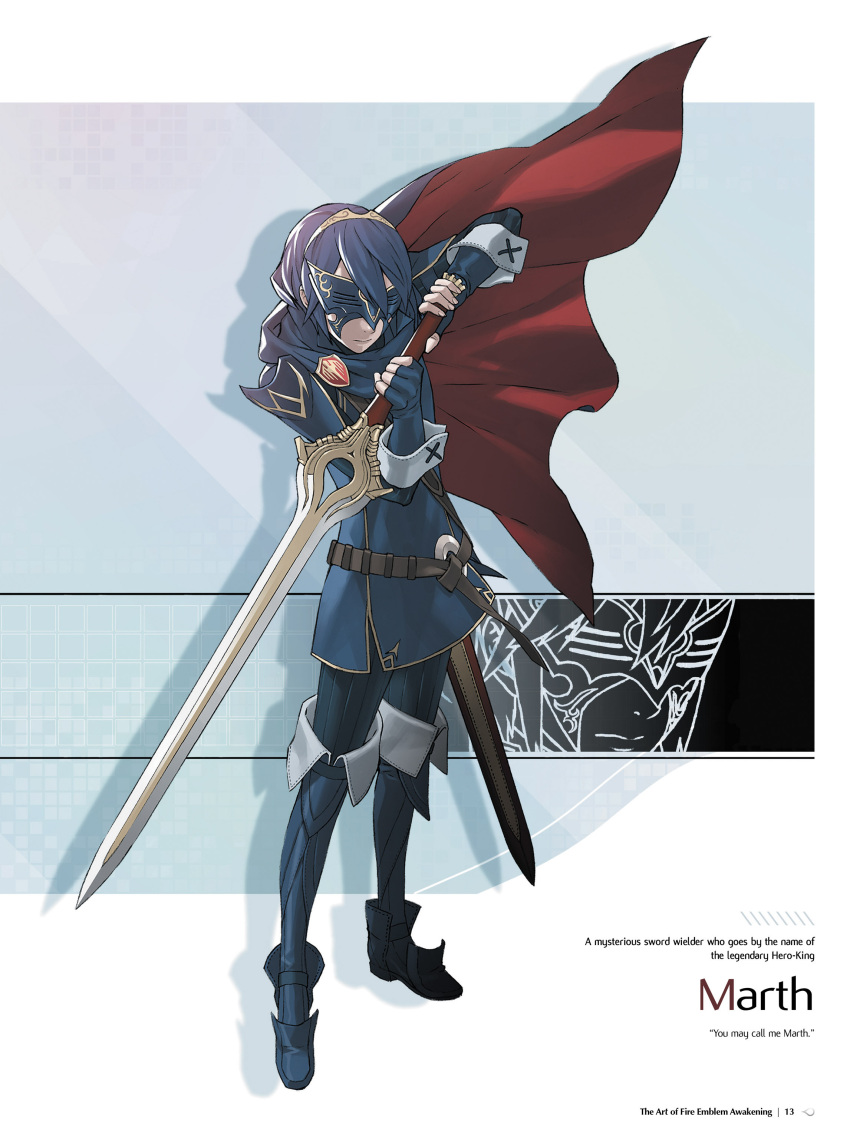 1girl absurdres belt blue_hair boots cape character_name closed_mouth falchion_(fire_emblem) fighting_stance fingerless_gloves fire_emblem fire_emblem:_kakusei full_body gloves highres holding holding_sword holding_weapon jewelry kozaki_yuusuke long_sleeves lucina marth_(fire_emblem:_kakusei) mask official_art page_number reverse_trap sheath short_hair simple_background solo standing sword thigh-highs thigh_boots tiara weapon