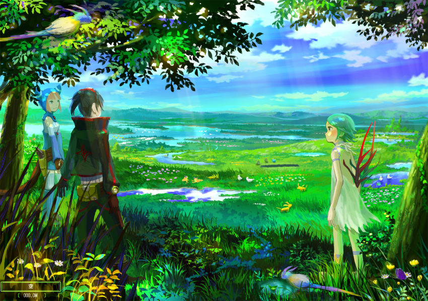 1boy 2girls animal animal_ears animal_hood bird breasts breath_of_fire breath_of_fire_v cat_ears cat_hood closed_mouth clouds commentary_request dress full_body_tattoo gloves grass green_hair gun hood lake lin_(breath_of_fire) monster mountain multiple_girls nina_(breath_of_fire_v) orange_hair ponytail red_wings ryuu_(breath_of_fire_v) see-through short_hair sky tail tattoo thigh-highs tree uzurara weapon white_dress wings