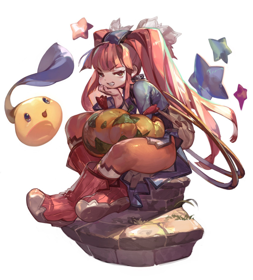 1girl bangs blunt_bangs boots dewprism full_body hair_ornament half-closed_eyes hand_on_own_chin highres hoop jikan_hakushaku long_sleeves looking_at_viewer mint_(dewprism) monster pantyhose pumpkin red_eyes red_legwear redhead sitting smile smug solo star thick_thighs thighs twintails weapon