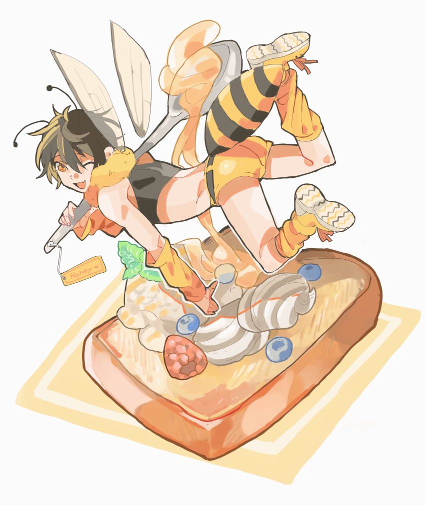 1boy antennae ass bee_boy blueberry boots brown_hair fang food french_toast fruit highres honey hymkky3 insect_wings looking_at_viewer midriff one_eye_closed raspberry shorts simple_background skin_fang sleeveless smile spoon tank_top whipped_cream wings yellow_eyes yellow_footwear yellow_shorts