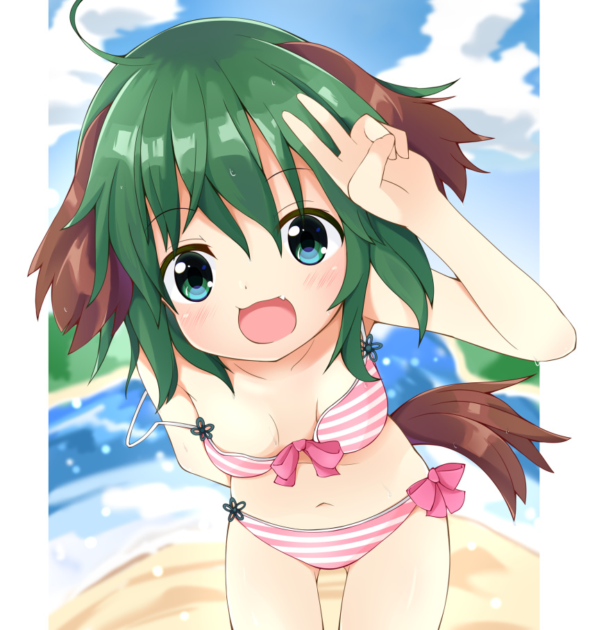 1girl :d animal_ears arm_behind_back bent_over bikini blue_eyes blue_sky breasts chinoru clouds dog_ears dog_tail fang green_hair highres kasodani_kyouko open_mouth short_hair sky small_breasts smile strap_slip striped striped_bikini swimsuit tail touhou v