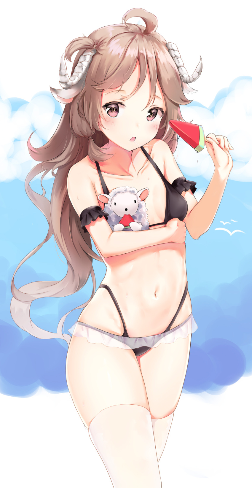 1girl absurdres ahoge animal animal_ears arknights bare_shoulders bikini black_bikini breasts brown_hair carrying collarbone commentary_request curled_horns eyjafjalla_(arknights) filings_(ailuo_c) food fruit gradient_hair highleg highleg_bikini highres holding long_hair looking_at_viewer multicolored_hair navel parted_lips red_eyes revision sheep skindentation small_breasts solo standing swimsuit thigh-highs thighs very_long_hair watermelon wavy_hair wet white_legwear