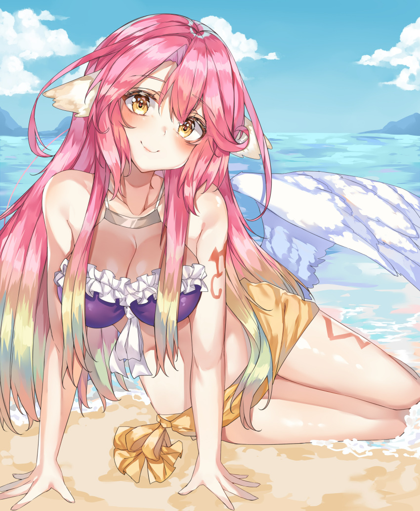 1girl absurdres angel_wings arm_support beach bikini breasts closed_mouth commentary day feathered_wings gradient_hair highres jibril_(no_game_no_life) kanniepan large_breasts long_hair looking_at_viewer low_wings multicolored_hair no_game_no_life ocean pink_hair purple_bikini sarong sitting smile solo swimsuit tattoo very_long_hair water white_wings wing_ears wings yellow_eyes