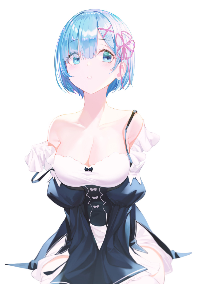 1girl absurdres bad_anatomy bangs blue_eyes blue_hair blush breasts collarbone detached_sleeves dress eyebrows_visible_through_hair eyelashes eyes_visible_through_hair frilled_sleeves frills hair_ornament highres looking_to_the_side maid off_shoulder pink_ribbon pro-p re:zero_kara_hajimeru_isekai_seikatsu rem_(re:zero) ribbon ribbon_trim short_hair simple_background solo strap_slip white_background x_hair_ornament