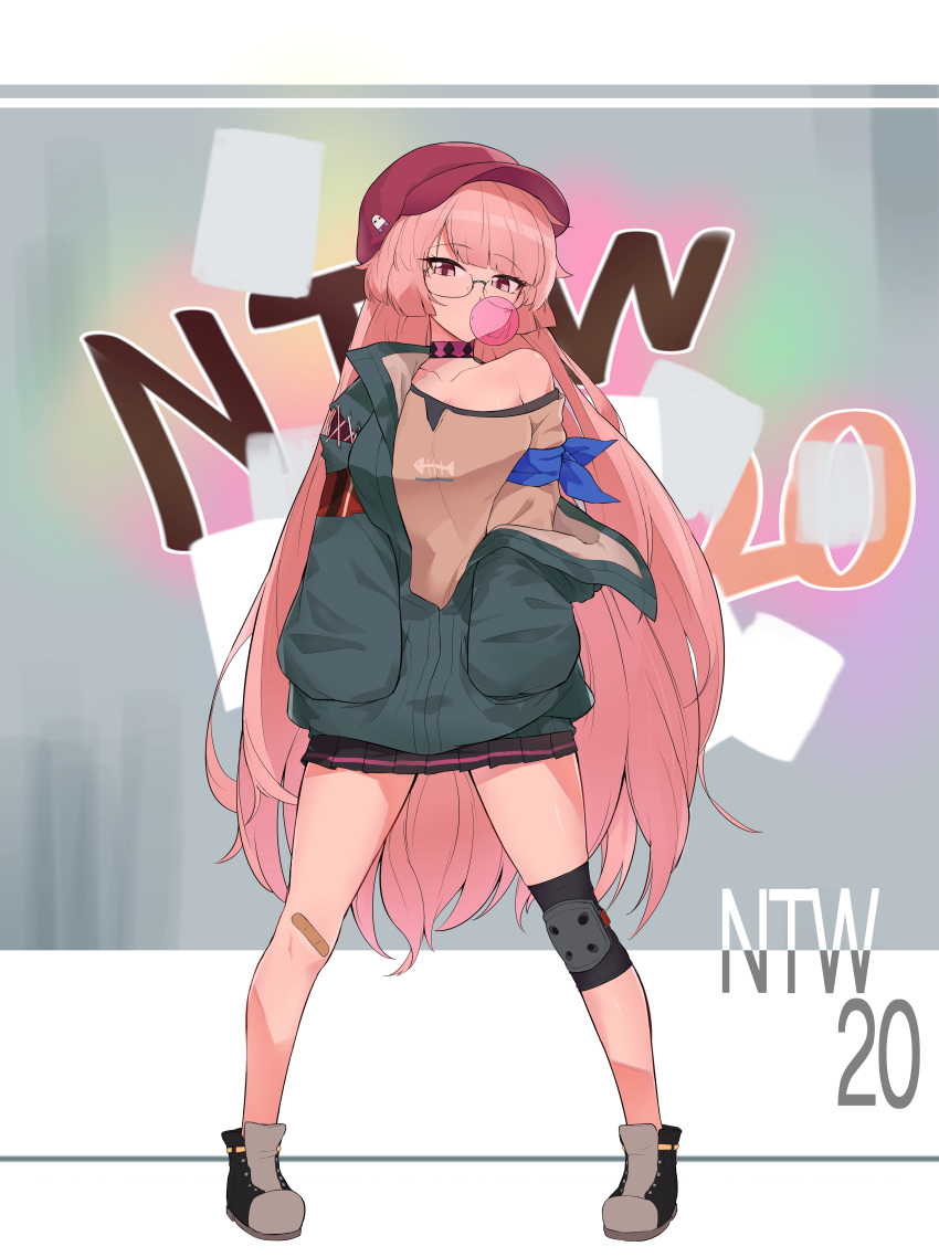 1girl absurdres bandaid bandaid_on_knee bangs breasts character_name chewing_gum choker eyebrows_visible_through_hair full_body girls_frontline glasses hands_in_pockets hat highres jacket long_hair looking_at_viewer nemomo ntw-20_(girls_frontline) off_shoulder pink_eyes pink_hair pleated_skirt shin_guards skirt solo very_long_hair