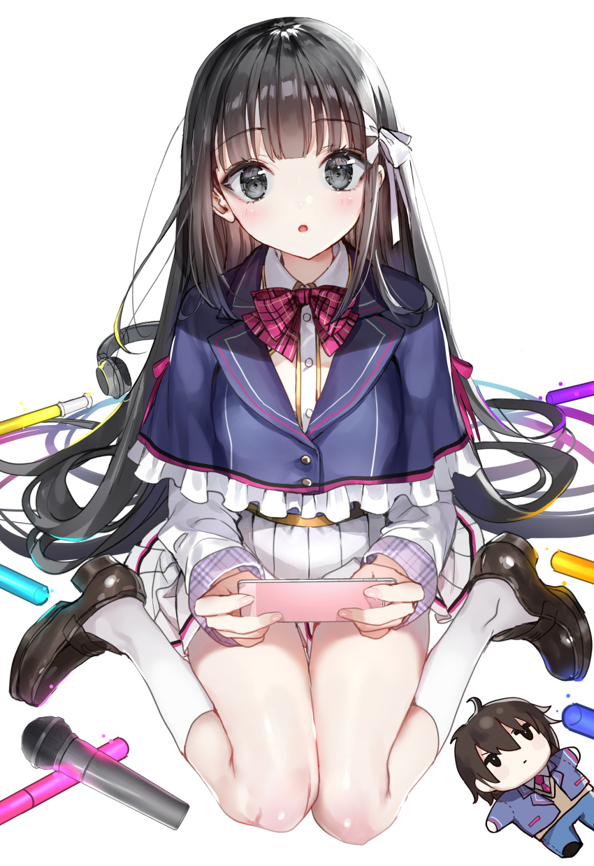 1girl :o absurdres bangs black_hair blue_capelet blush bow brown_footwear capelet cellphone character_doll character_request collared_shirt commentary_request dress_shirt eyebrows_visible_through_hair fingernails frilled_capelet frills full_body glowstick grey_eyes hair_bow headphones headphones_removed highres holding holding_cellphone holding_phone jishou_f-rank_no_oniisama_ga_game_de_hyouka_sareru_gakuen_no_chouten_ni_kunrin_suru_sou_desu_yo? kneehighs loafers long_hair long_sleeves microphone nekometaru parted_lips phone pink_nails pleated_skirt shirt shoes sitting skirt sleeves_past_wrists very_long_hair wariza white_background white_bow white_legwear white_shirt white_skirt