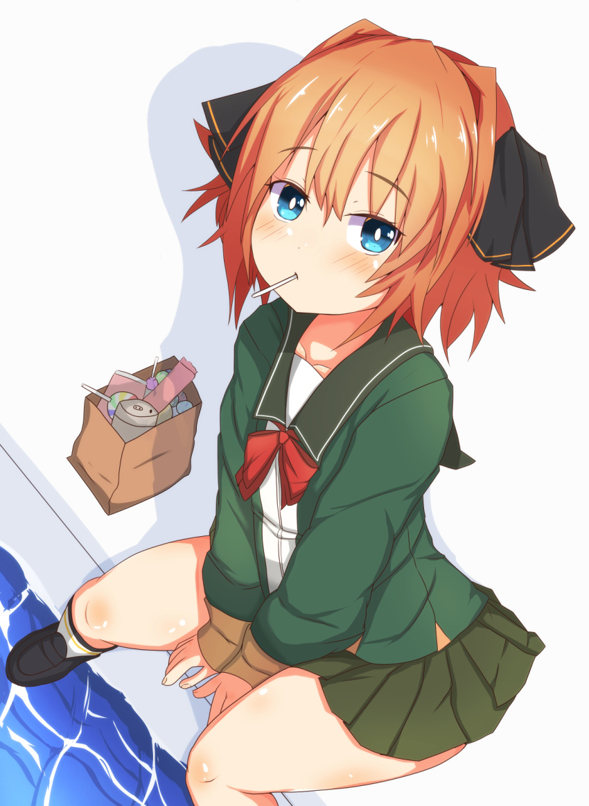 1girl between_legs black_footwear black_ribbon blue_eyes brown_hair candy cunachio eyebrows_visible_through_hair food food_in_mouth from_above green_jacket green_skirt hachijou_(kantai_collection) hair_ribbon hand_between_legs highres jacket kantai_collection loafers lollipop long_sleeves looking_at_viewer neck_ribbon pleated_skirt poolside red_ribbon ribbon school_uniform serafuku shoes short_hair sitting skirt solo thighs