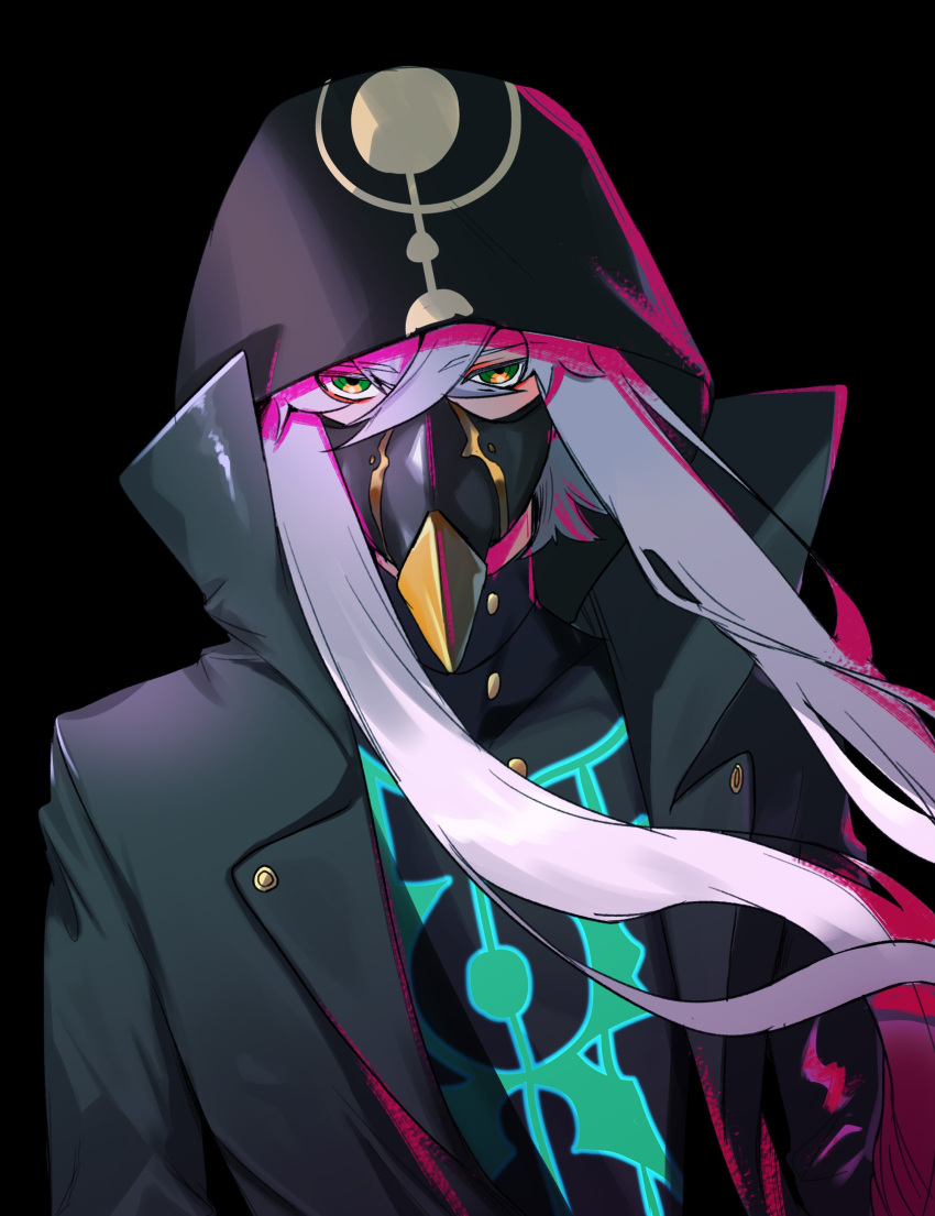 1boy absurdres asclepius_(fate/grand_order) bangs black_jacket eyebrows_behind_hair fate/grand_order fate_(series) green_eyes hair_between_eyes highres hood hood_up hooded_jacket hoodie jacket long_hair long_sleeves looking_at_viewer marehuno_17 mask silver_hair simple_background solo upper_body