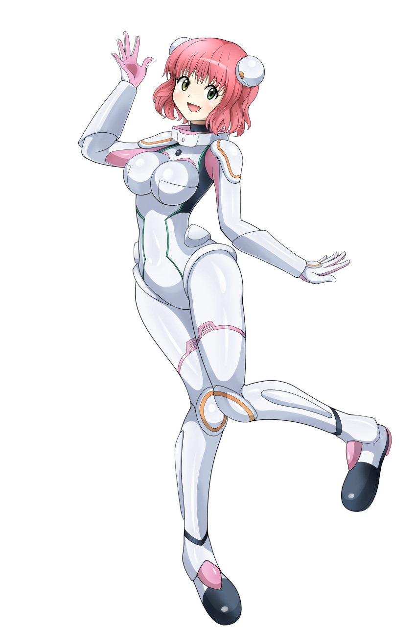 1girl absurdres aries_spring blush bodysuit breasts full_body green_eyes heterochromia highres kanata_no_astra looking_at_viewer open_mouth pink_hair short_hair shoukin500 skin_tight smile solo spacesuit white_background yellow_eyes