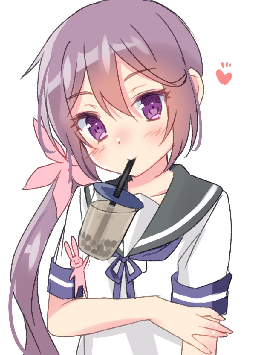 1girl :3 akebono_(kantai_collection) blush bubble_tea_challenge commentary_request drinking_straw flower hair_flower hair_ornament heart highres kantai_collection long_hair looking_at_viewer neck_ribbon purple_hair rabbit ribbon sailor_collar school_uniform serafuku side_ponytail simple_background upper_body very_long_hair violet_eyes white_background yuuzaki