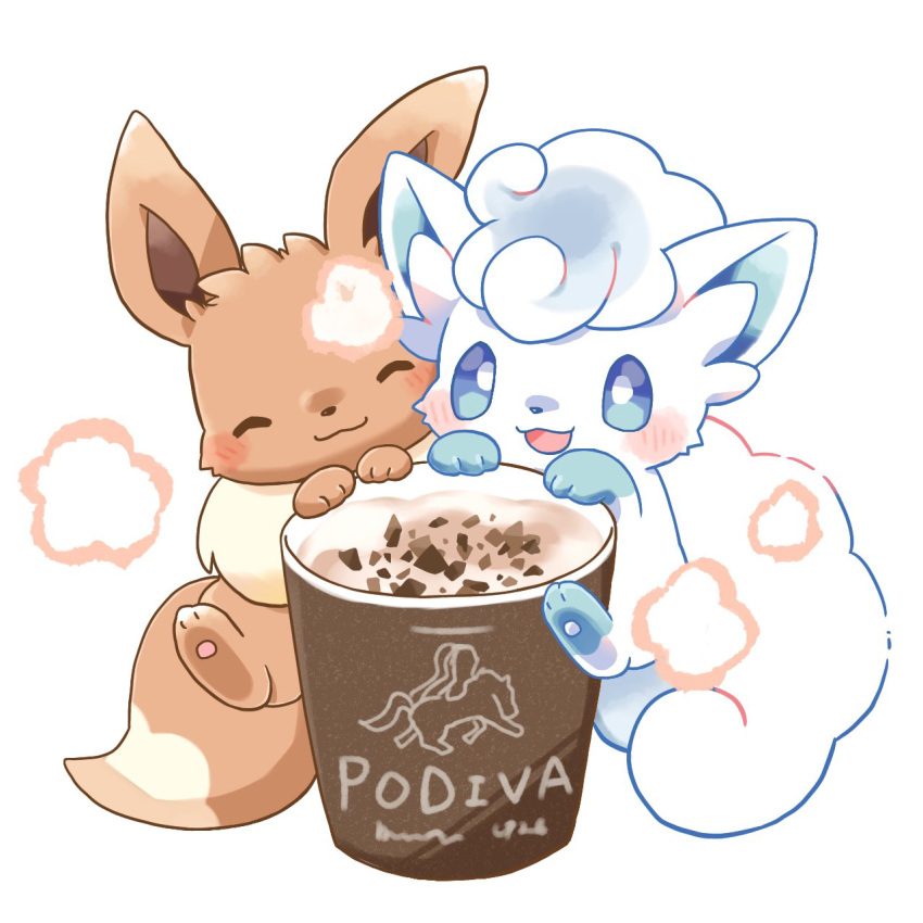 :3 ^_^ alolan_vulpix blue_eyes blush_stickers climbing closed_eyes closed_mouth cup eevee highres hot_chocolate kana_(maple926) open_mouth pawpads pokemon pokemon_(creature) steam white_background