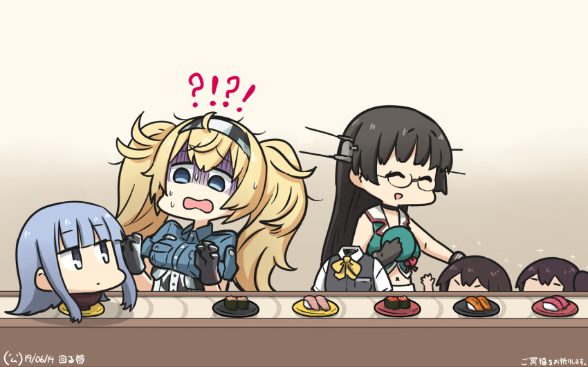 !? 5girls akagi_(kantai_collection) beret black_gloves black_hair blonde_hair blue_eyes blue_hair blue_shirt breast_pocket breasts check_commentary choukai_(kantai_collection) collared_shirt commentary_request conveyor_belt conveyor_belt_sushi dated disembodied_head food gambier_bay_(kantai_collection) glasses gloves hair_ornament hairband hamu_koutarou hat hat_removed hatsukaze_(kantai_collection) headgear headless headwear_removed highres hime_cut kaga_(kantai_collection) kantai_collection large_breasts long_hair megahiyo_(style) midriff multiple_girls parody pocket remodel_(kantai_collection) rimless_eyewear shaded_face shirt sparkle style_parody sushi sweat translated twintails