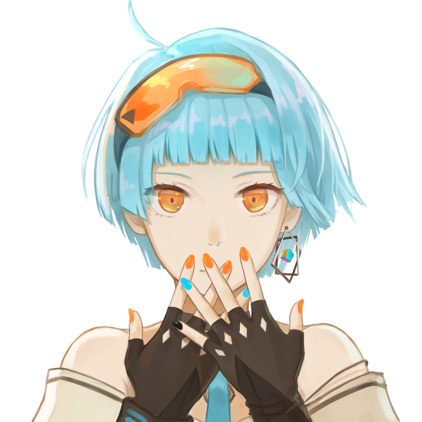 1girl absurdres ahoge bangs black_gloves blue_hair blue_neckwear blunt_bangs choker closed_mouth earrings eyebrows_visible_through_hair eyelashes eyewear_on_head fingerless_gloves girls_frontline gloves goggles goggles_on_head highres jewelry looking_at_viewer nail_polish necktie off_shoulder orange_eyes simple_background solo tararelux white_background zas_m21_(girls_frontline)