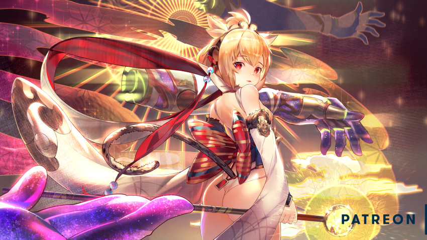 1girl andira_(granblue_fantasy) animal_ears ass back_bow bangs bare_shoulders blonde_hair blush bow breasts circlet commentary cowboy_shot detached_sleeves egasumi erune eyebrows_visible_through_hair fur-trimmed_sleeves fur_trim glowing granblue_fantasy highres holding holding_staff janyhero leotard long_sleeves looking_at_viewer looking_to_the_side monkey_ears outstretched_arm parted_lips print_bow red_bow red_eyes short_hair sidelocks small_breasts solo staff standing twintails two_side_up white_leotard wide_sleeves
