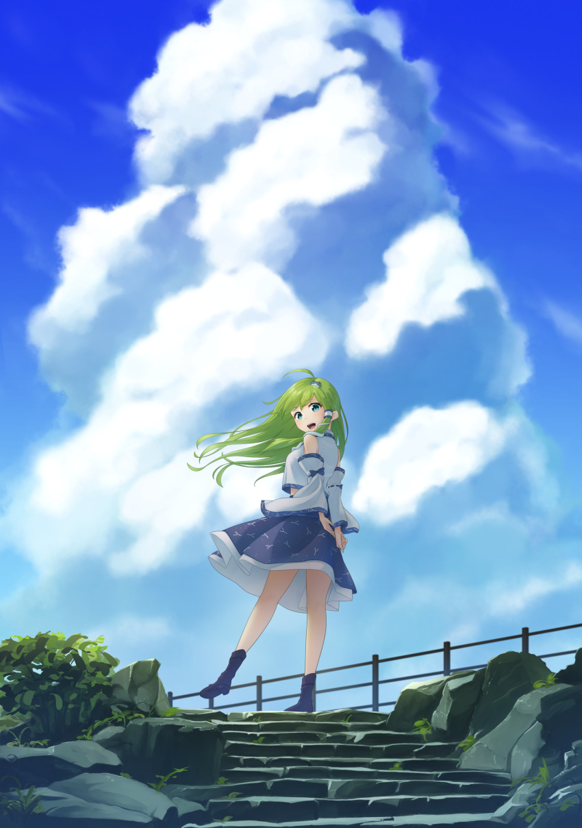 1girl :d absurdres ahoge arms_behind_back blue_skirt blue_sky boots clouds commentary_request day detached_sleeves eyebrows_visible_through_hair frog_hair_ornament from_behind from_below grass green_eyes green_hair hair_blowing hair_ornament hair_tubes handrail head_tilt highres kanpa_(campagne_9) kochiya_sanae long_hair looking_at_viewer looking_back navy_blue_footwear nontraditional_miko open_mouth outdoors petticoat print_skirt rock skirt sky smile snake_hair_ornament solo stairs standing standing_on_one_leg stone_stairs touhou very_long_hair vest white_vest wide_shot wind