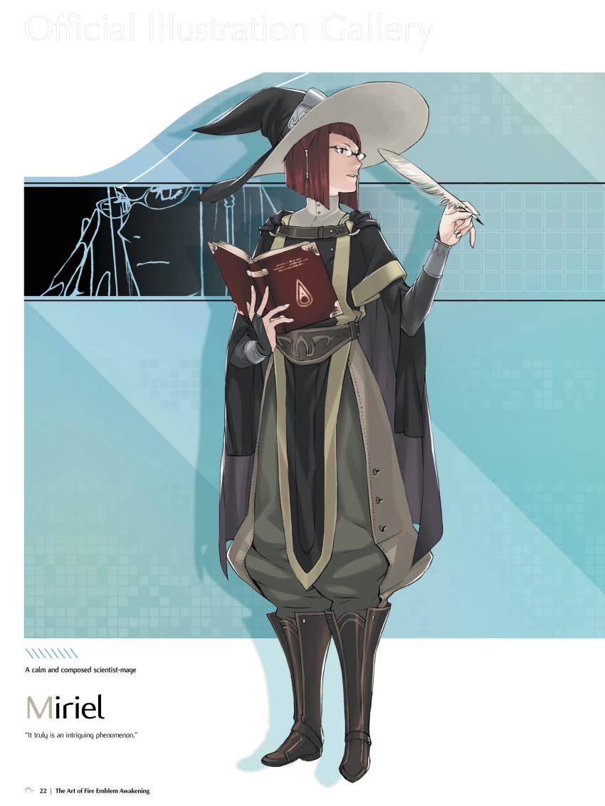 1girl absurdres bangs book boots cape character_name fingernails fire_emblem fire_emblem:_kakusei full_body glasses hat highres holding holding_book knee_boots kozaki_yuusuke left-handed long_sleeves miriel_(fire_emblem) official_art open_book page_number pants parted_lips pelvic_curtain quill redhead short_hair simple_background solo standing turtleneck wizard_hat